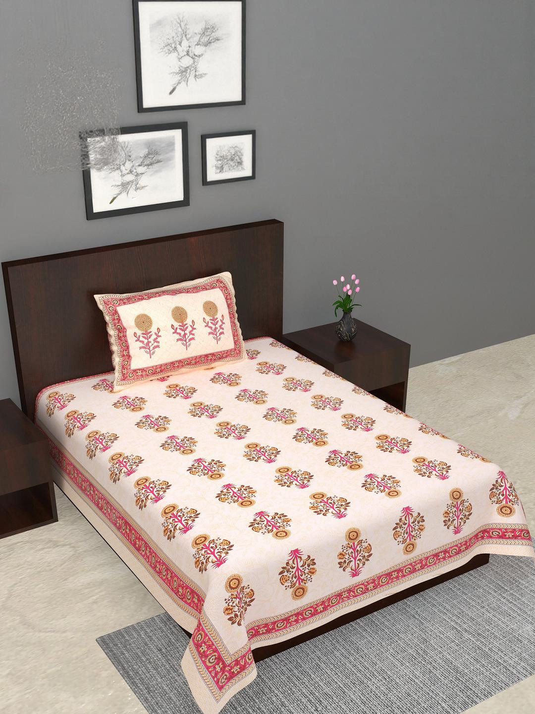 Salgia Red Floral 144 TC Single Bedsheet With 1 Pillow Covers