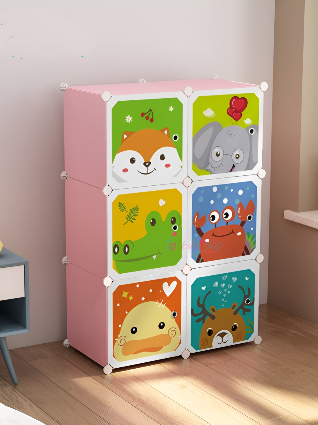 Butterthief Pink & White Cartoon Printed 6-Cubes Waterproof Collapsible Wardrobe