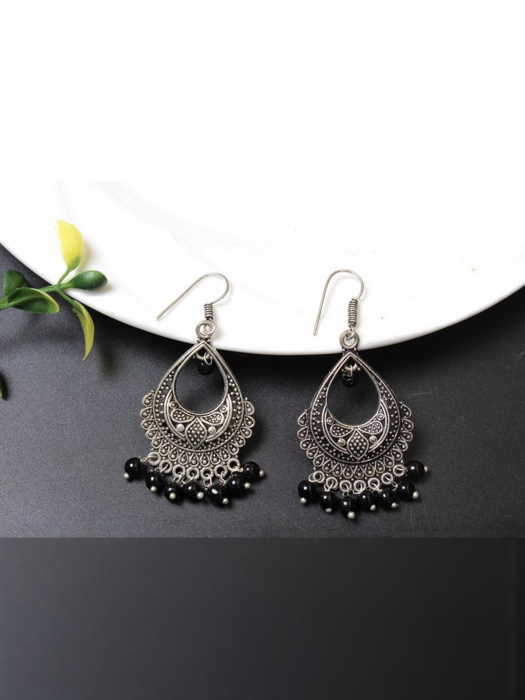 FASHION EMPIRE Women's Oxidized Silver Small Danglers Black Beads Chandbali Earring