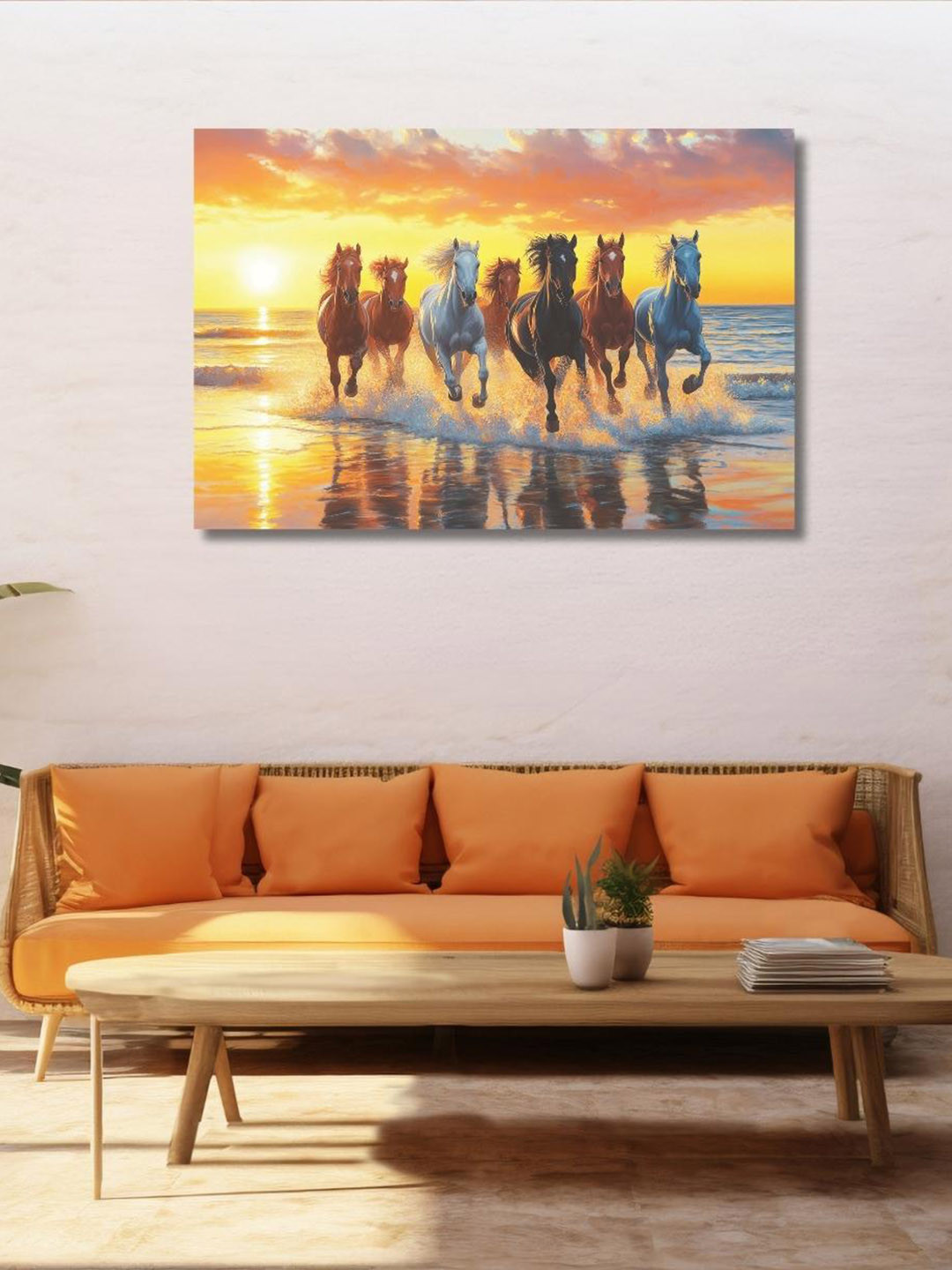 Viventiq Yellow & White Seven Horses Printing Without Frame