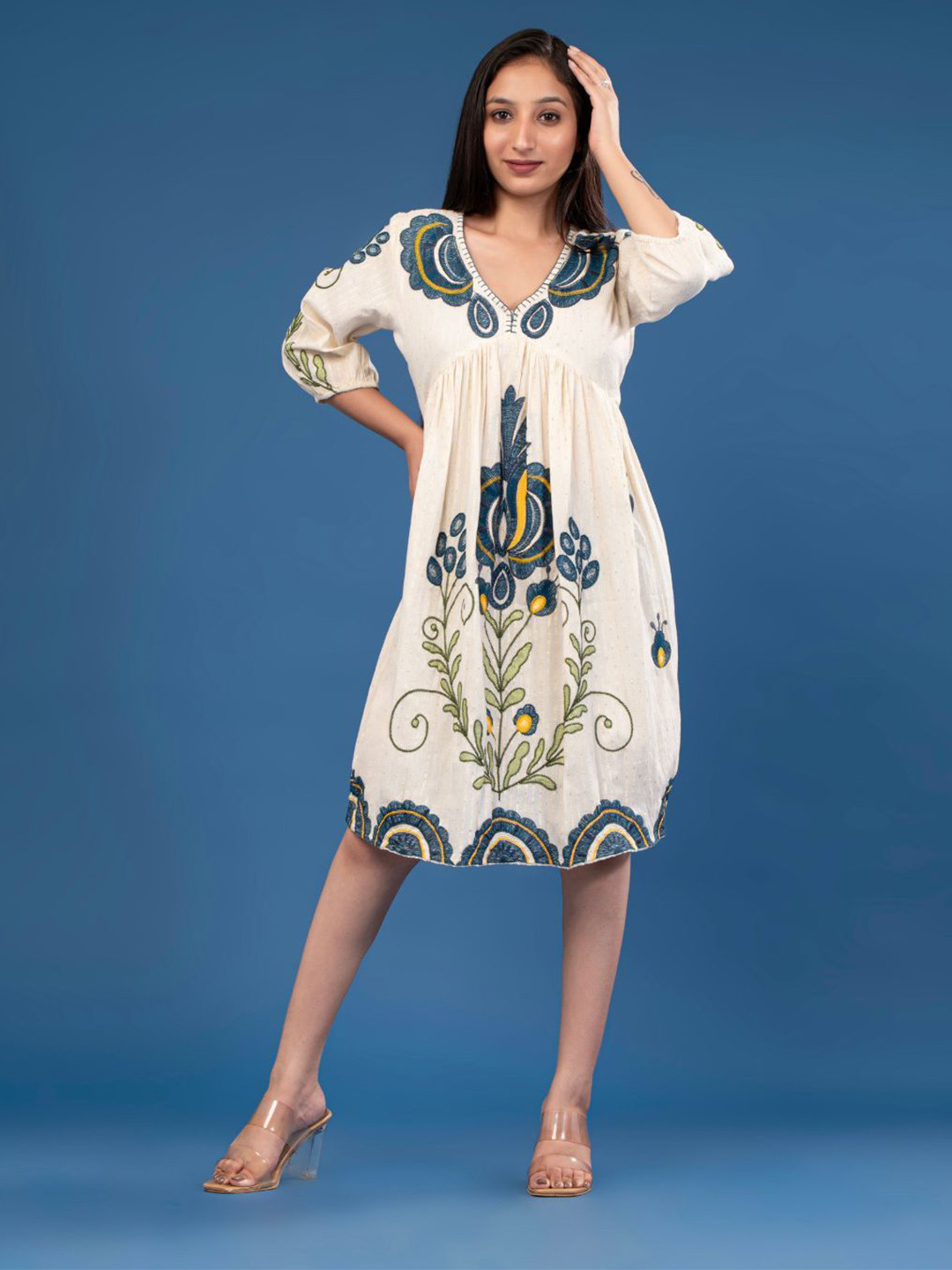 Zolo Label Women Cream Cotton Embroidered V-Neck & Elbow Sleeves Midi Dress