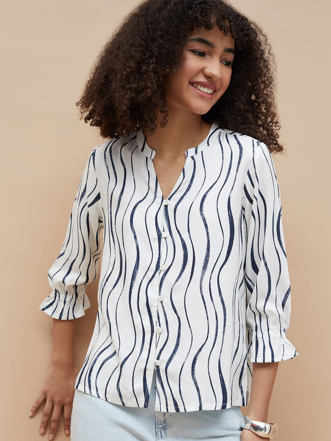 Fame Forever by Lifestyle Women Vertical Stripe Printed Mandarin Collar Shirt Style Top