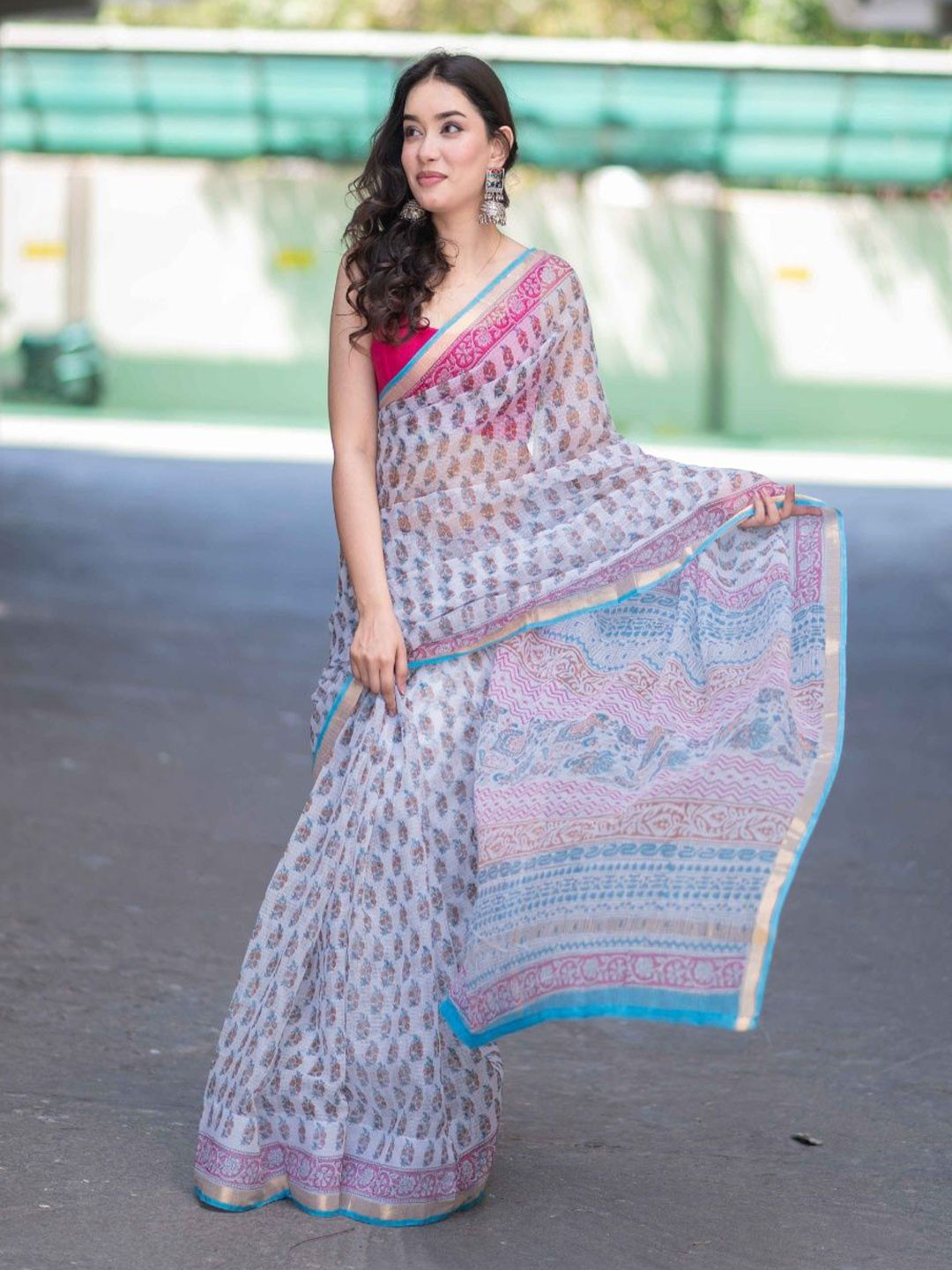 The Raksha Store Sugar Floral Printed Zari Pure Cotton Saree