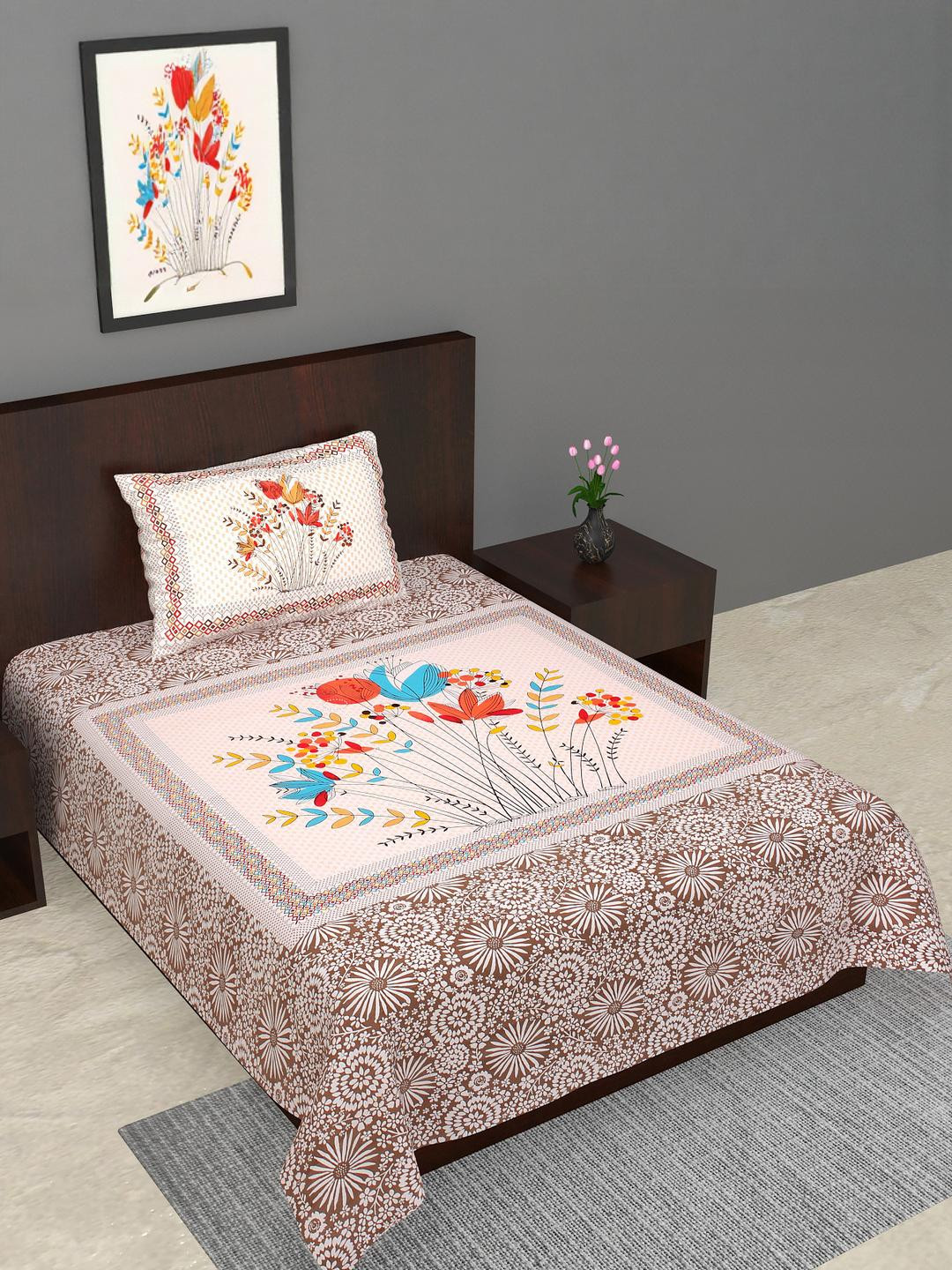 Salgia Brown Floral 144 TC Single Bedsheet With 1 Pillow Covers
