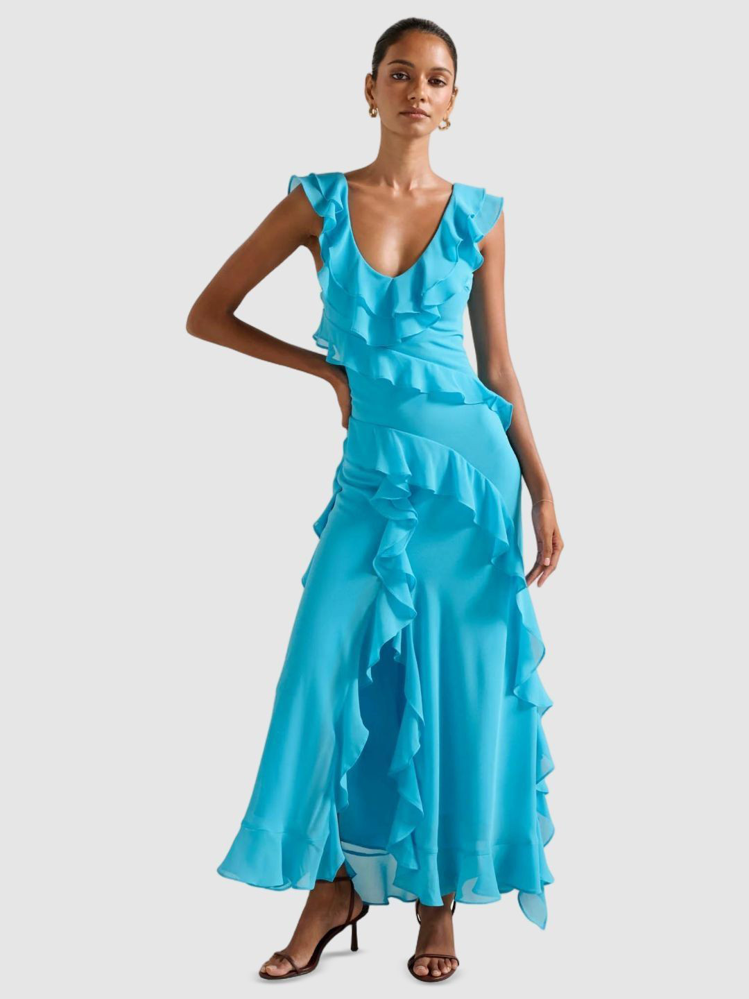Forever New Flutter Sleeves Ruffles Sheath Maxi Dress