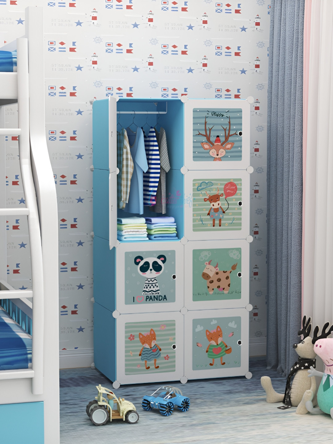 Butterthief Blue & White Cartoon Printed 8-Cubes Waterproof Collapsible Wardrobe
