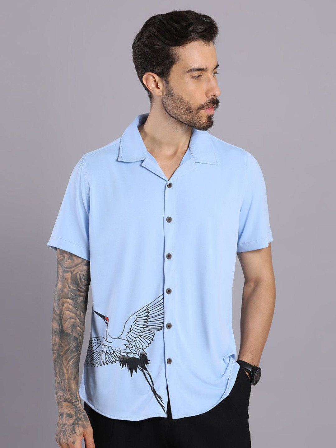 HangerLoop Men Graphic Printed Cuban Collar Casual Shirt