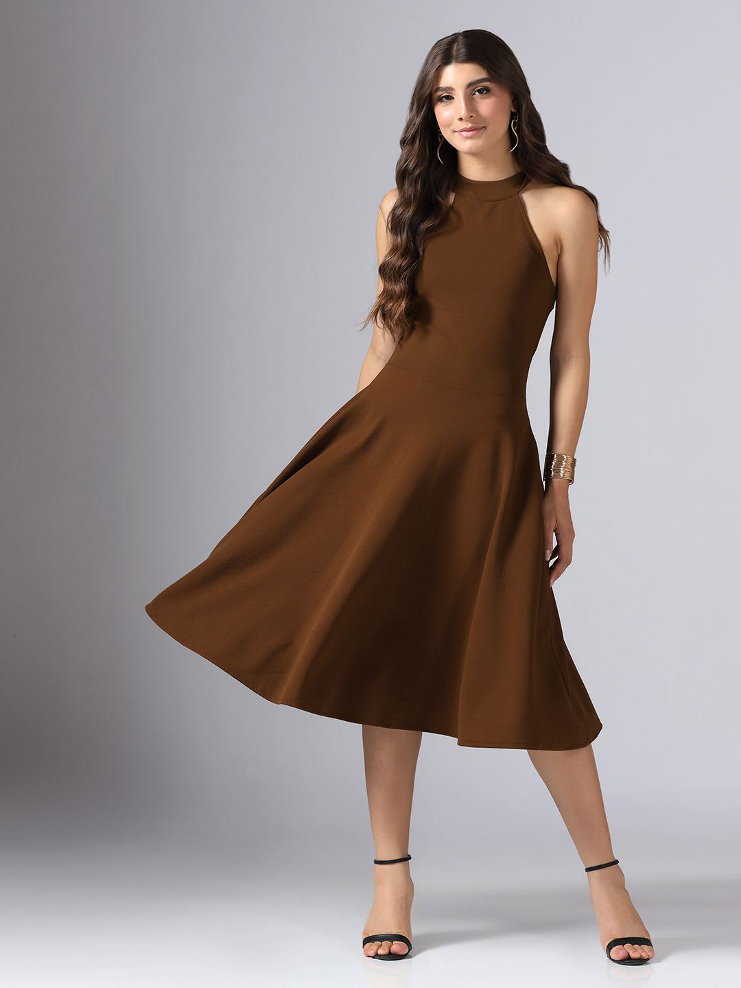 DressBerry Women Halter Neck Mocha Mousse Fit & Flare Dress