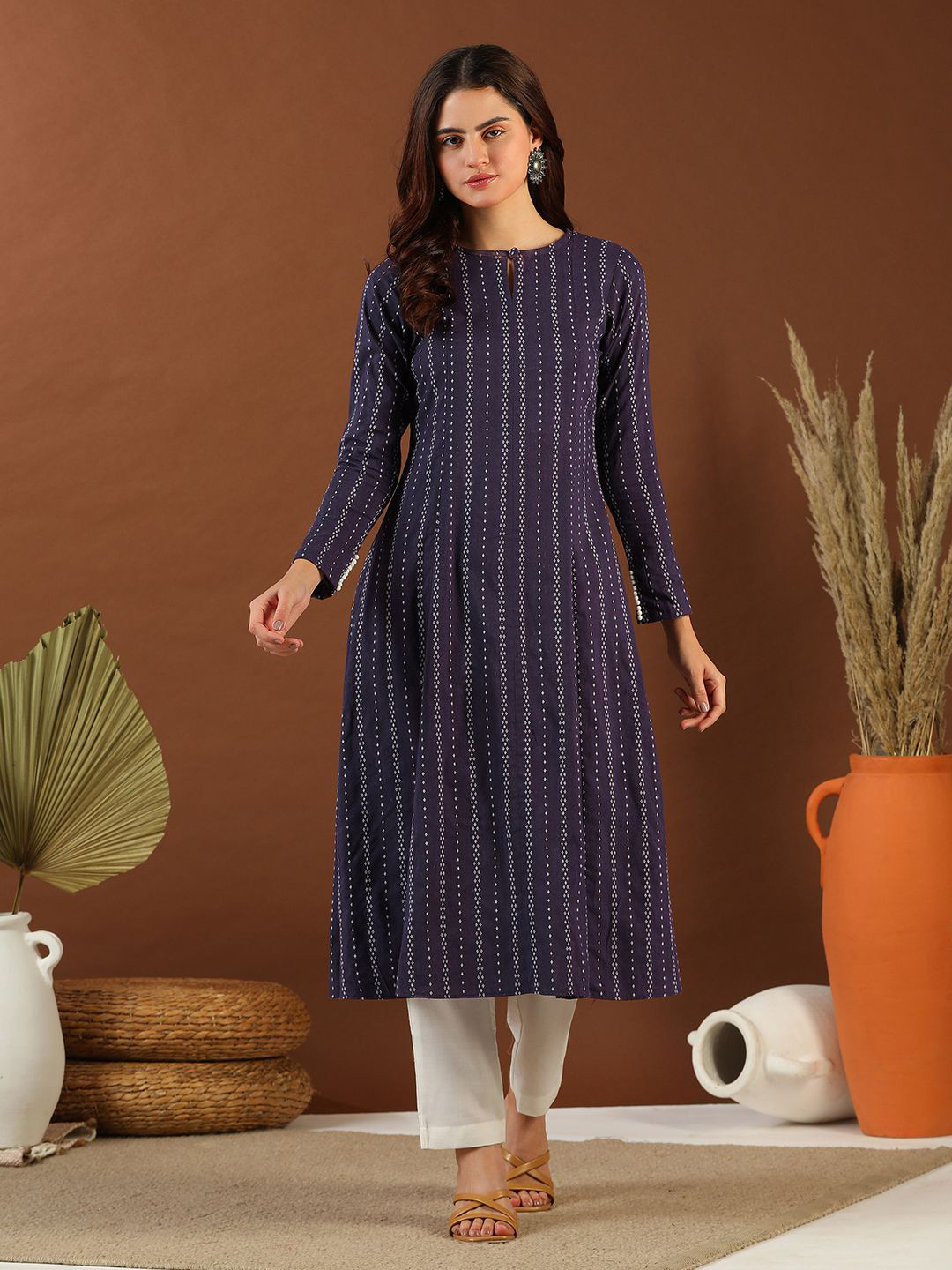 MASSTANI BY INDDUS Woven Design Keyhole Neck Cotton A-Line Kurta