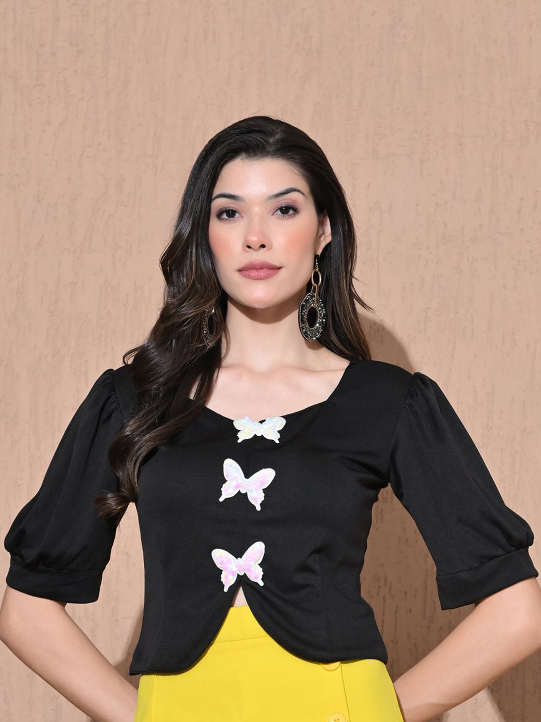 BAESD Women Square Neck Applique Puff Sleeves Regular Top