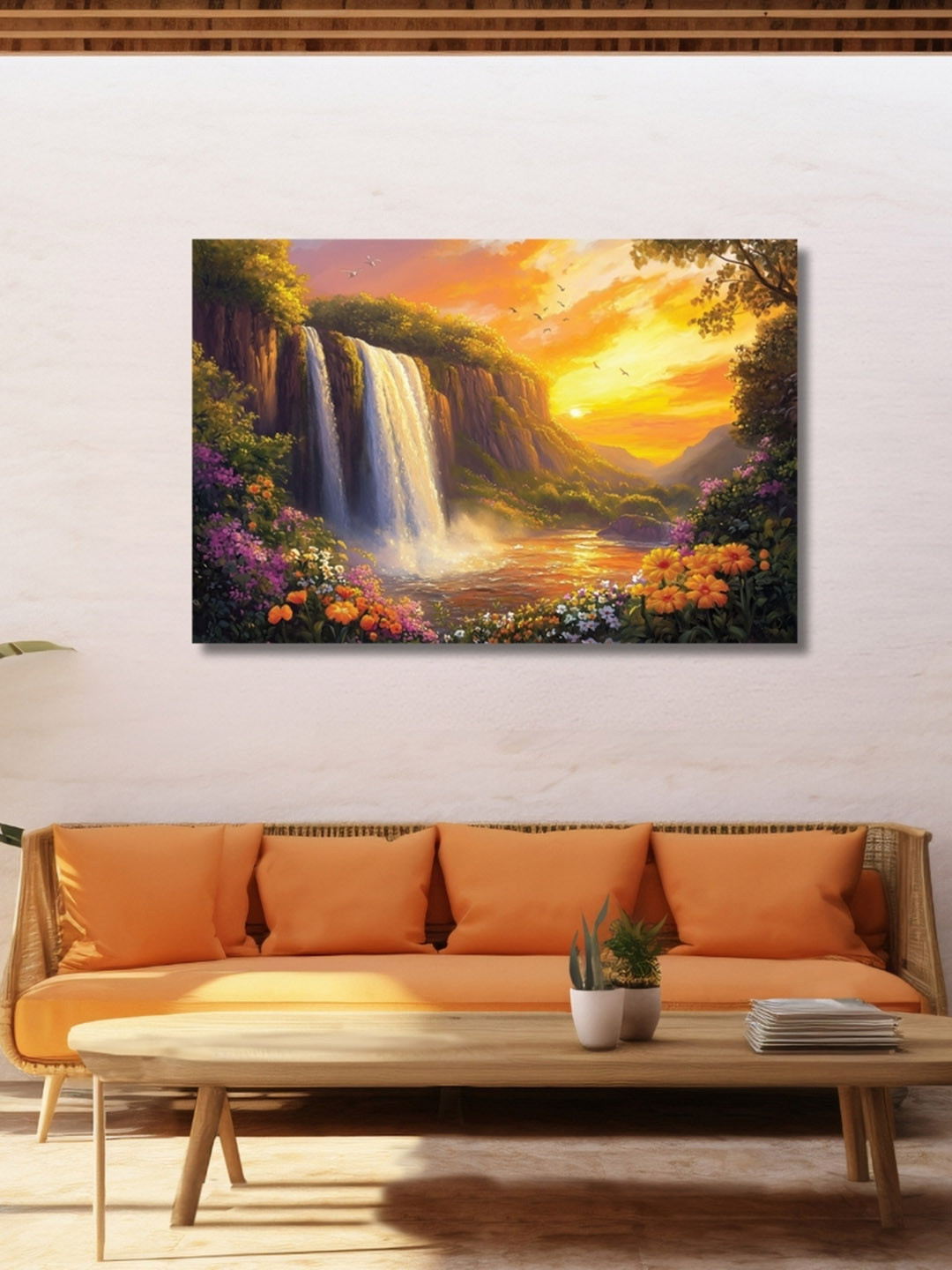 Viventiq Orange & Green Waterfall Printed Canvas Wall Art