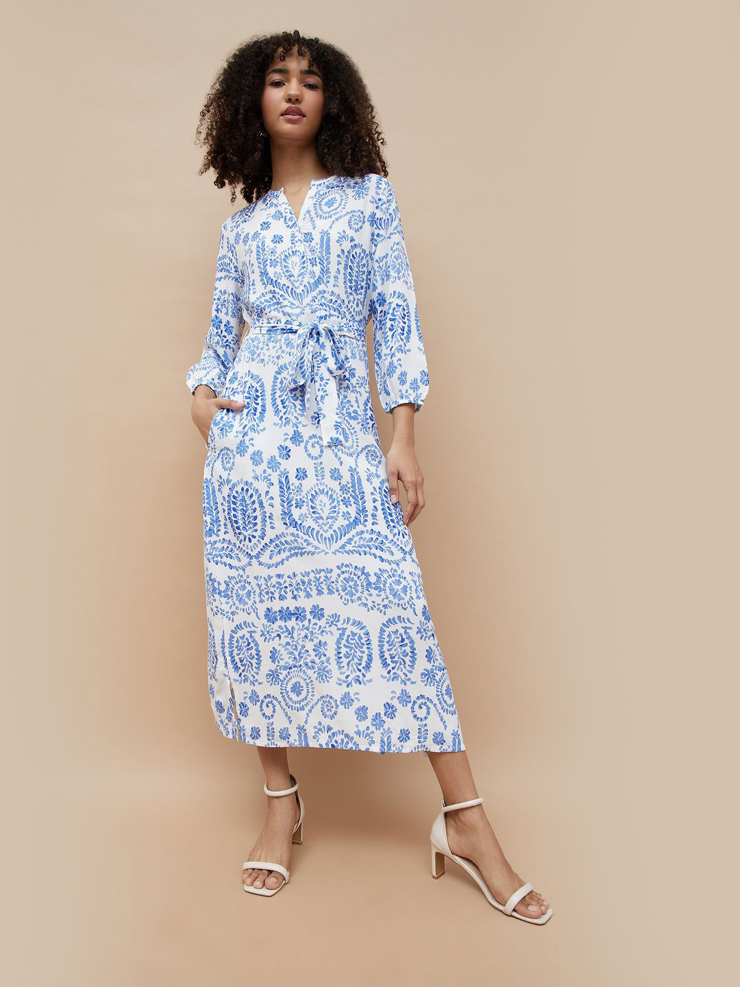 Fame Forever by Lifestyle Women Ethnic Motif Prined Belted A-Line Midi Dress
