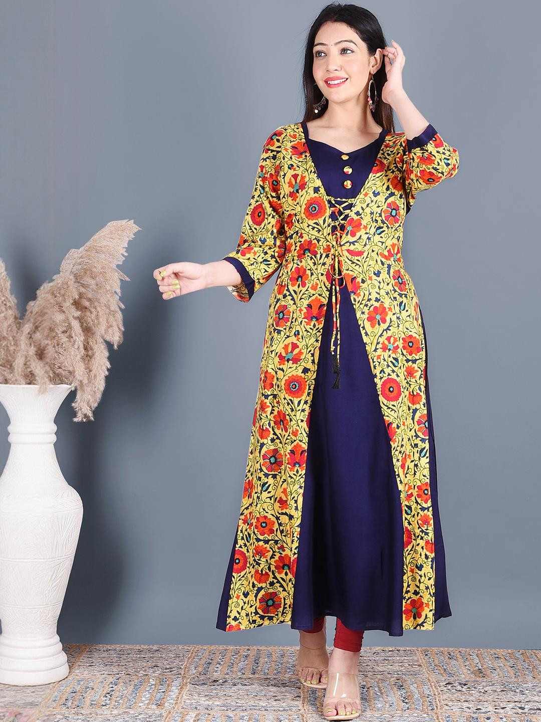 Indiwest Blue Solid Flared A-Line Rayon Shrug Style Kurta