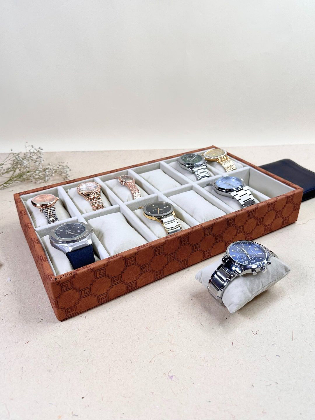 La Trove 12 Slots Tan Leather Multi-Utility Tie Organiser Closet Tray