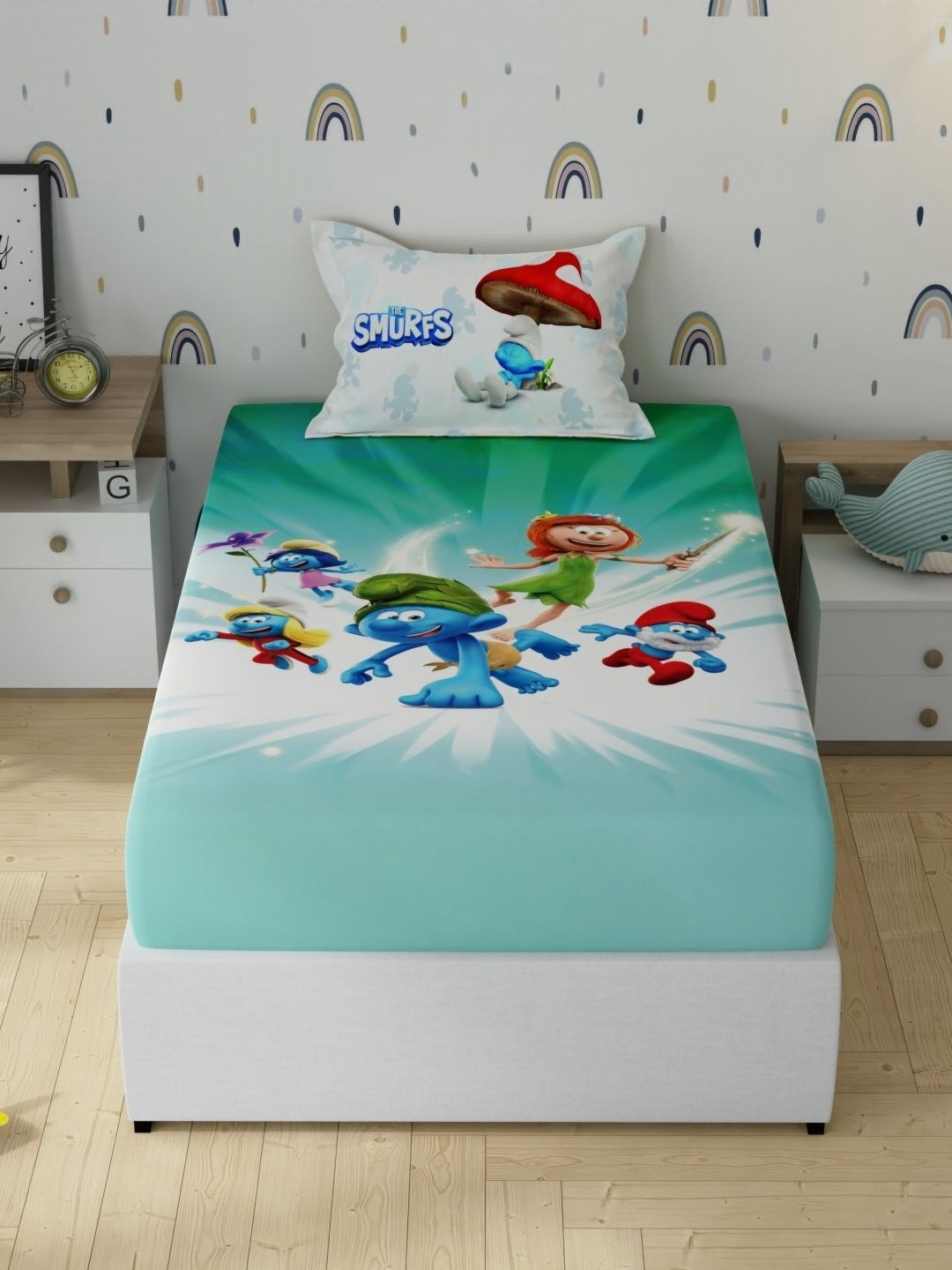 Portico License The Smurf Green Printed Cotton 152 TC Single Bedsheet Set 1.50 m X 2.24 m