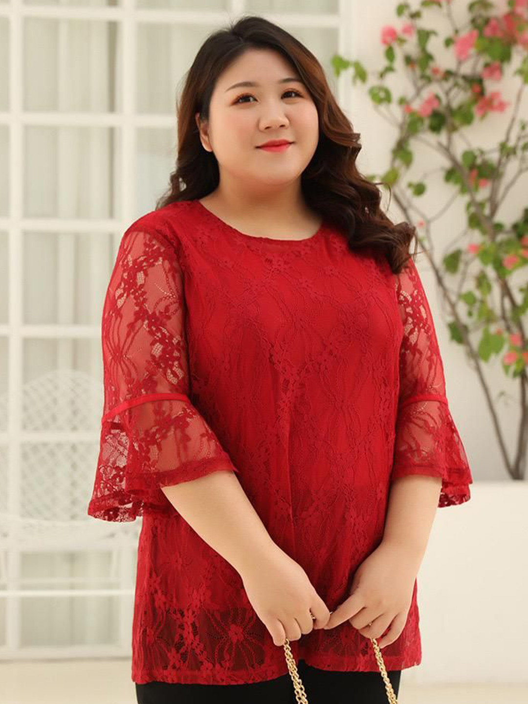 Sztori Women Plus Size Bell Sleeves Lace-Up Top