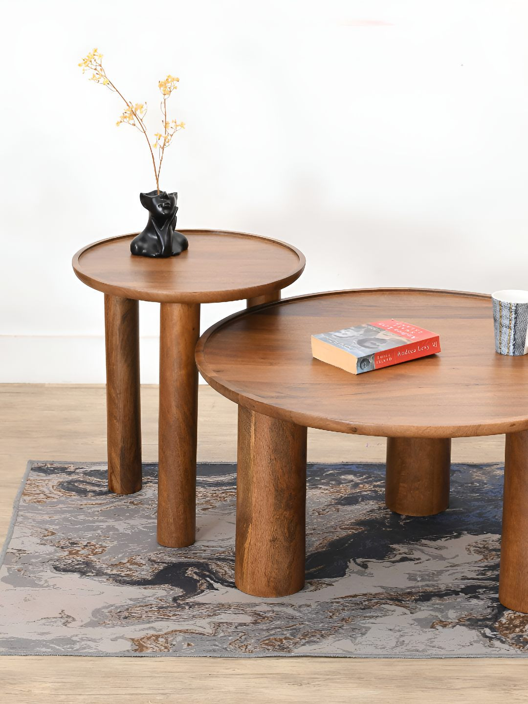 Furnliv 2Pcs Brown Wooden Round Nesting Tables