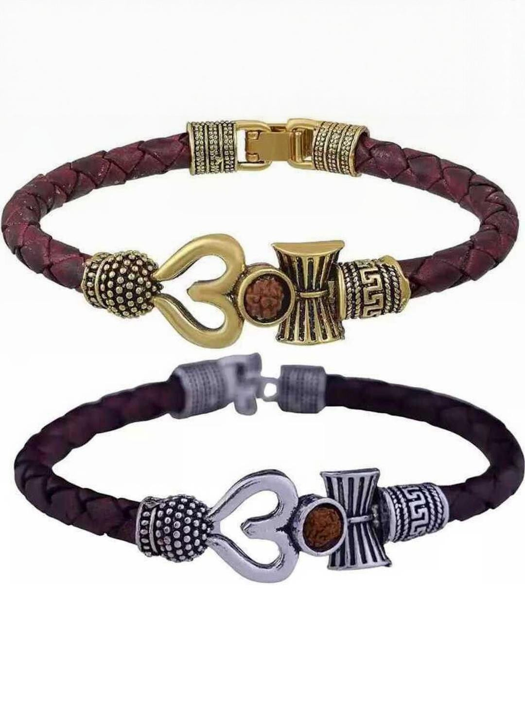 Divine souvenirs Unisex Set Of 2 Leather Gold-Plated Beaded Wraparound Bracelets