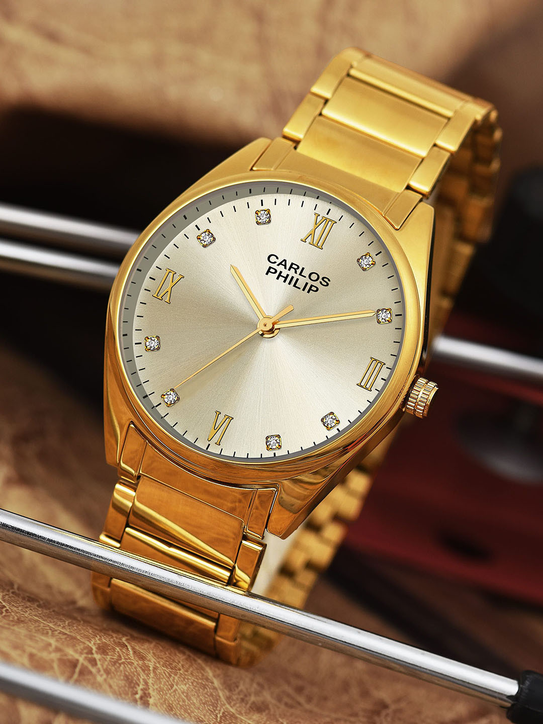 CARLOS PHILIP Men Brass Embellished Bracelet Style Straps Analogue Watch Romaluxe