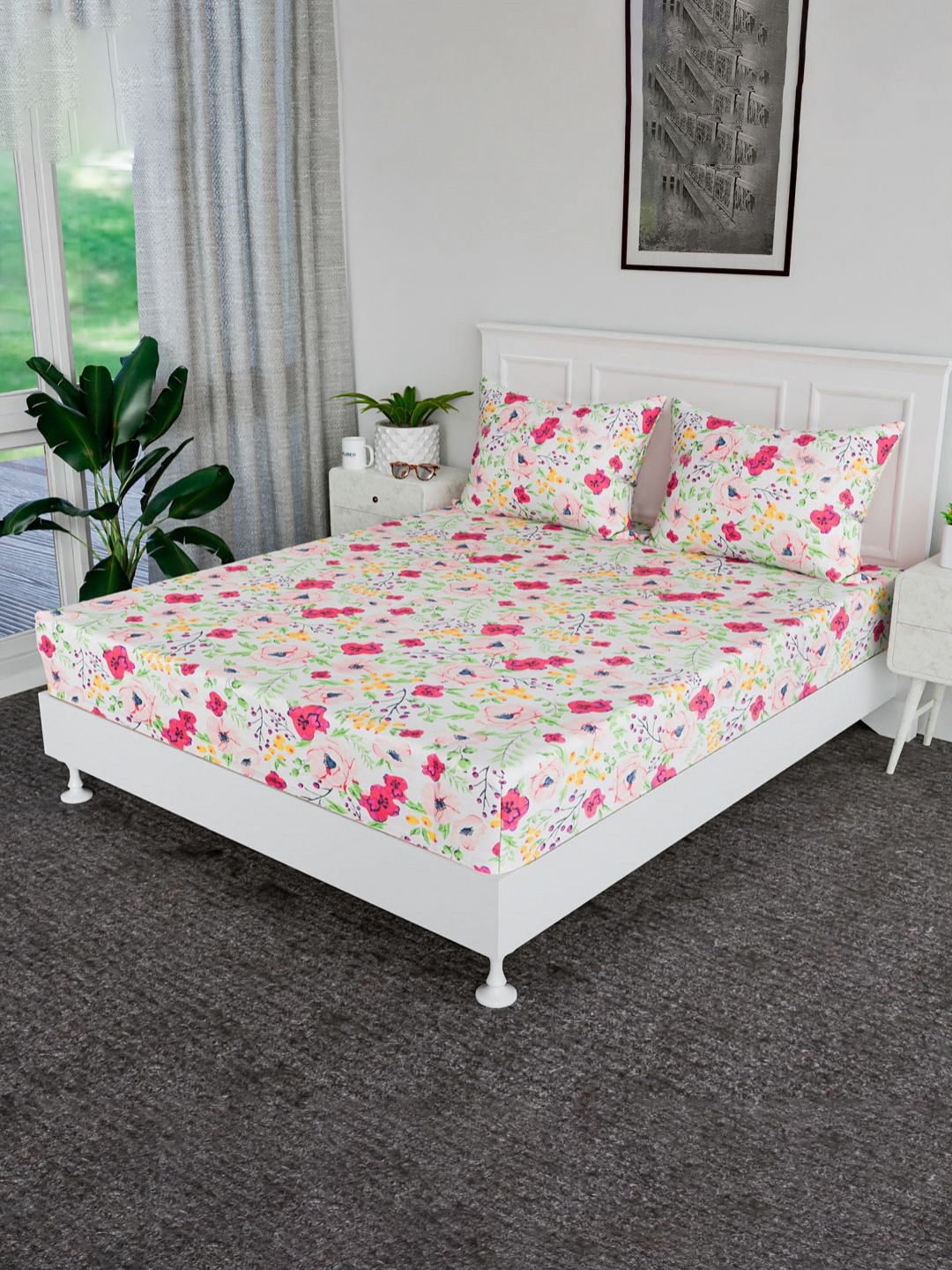 RUBOXA Pink & Yellow Floral Printed Cotton 144 TC King Bedsheet Set-2.40 m x 2.25 m