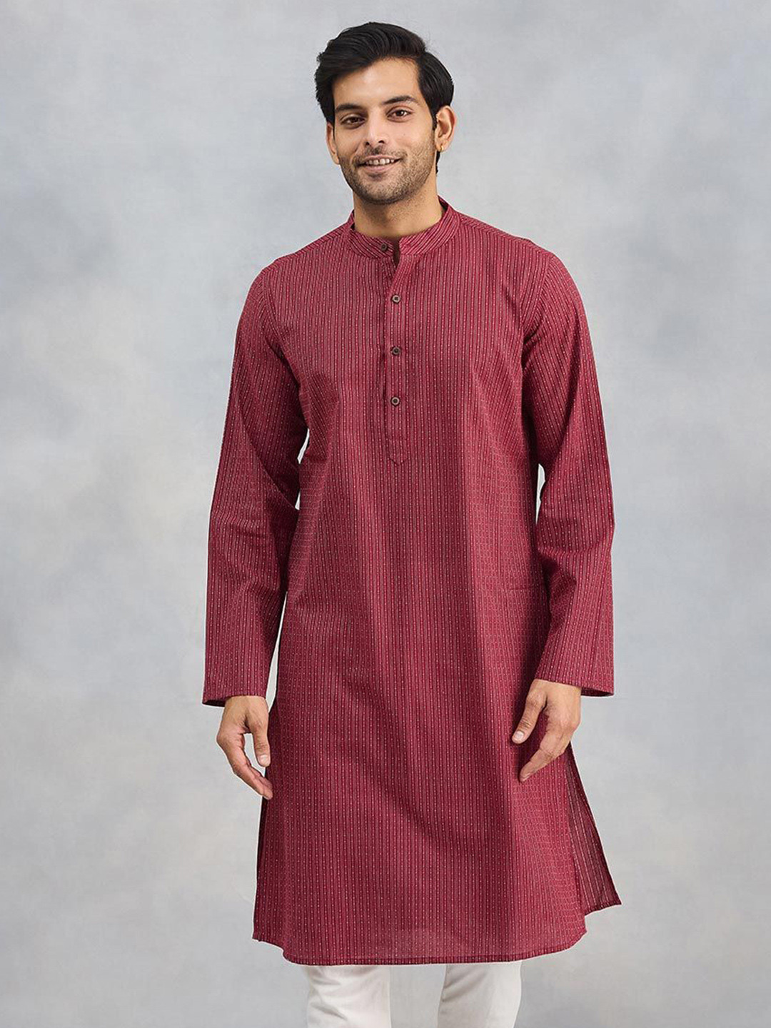 Fabindia Striped Embroidered Band Collar Cotton Straight Kurta