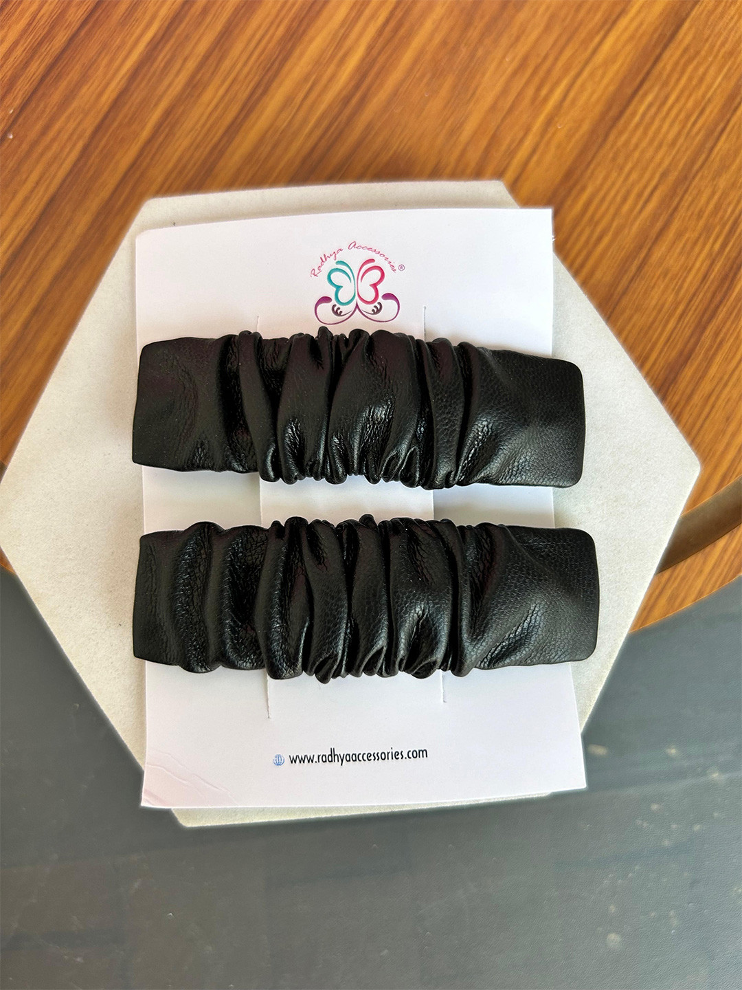 Radhya Accessories Women Set Of 2 Ruffled Leather Tic Tac Hair Clip