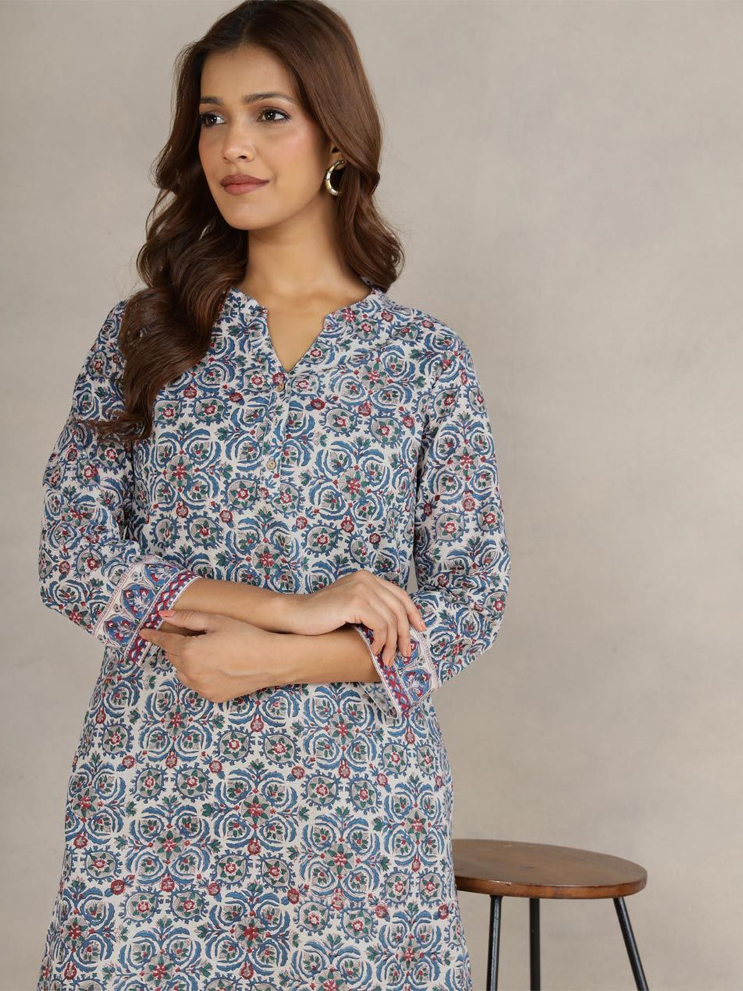 Fabindia Ethnic Motifs Printed Hand Block Mandarin Collar Cotton Straight Kurta