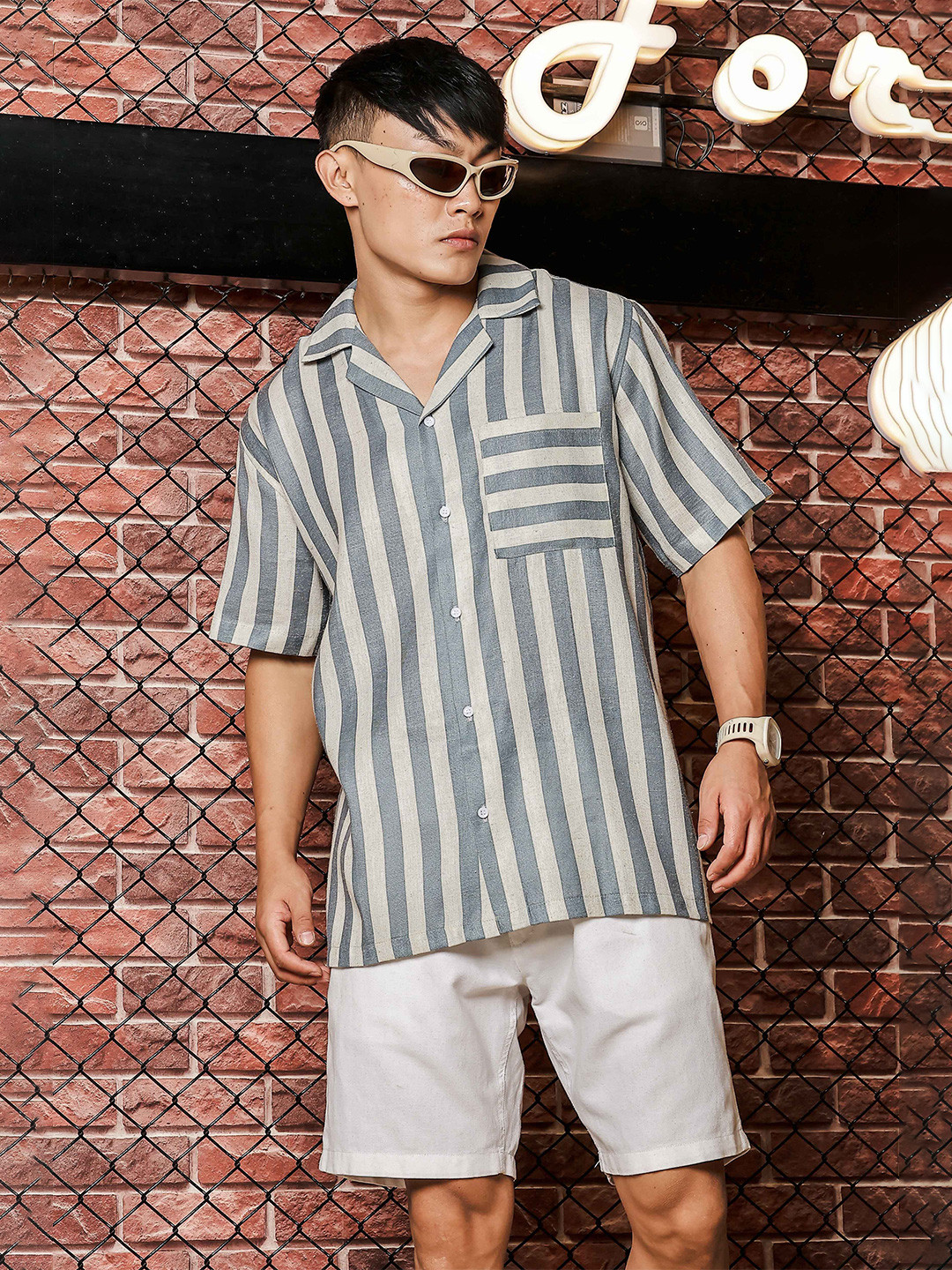House of Koala Unisex Original Relaxed Fit Vertical Striped Linen Casual Shirt