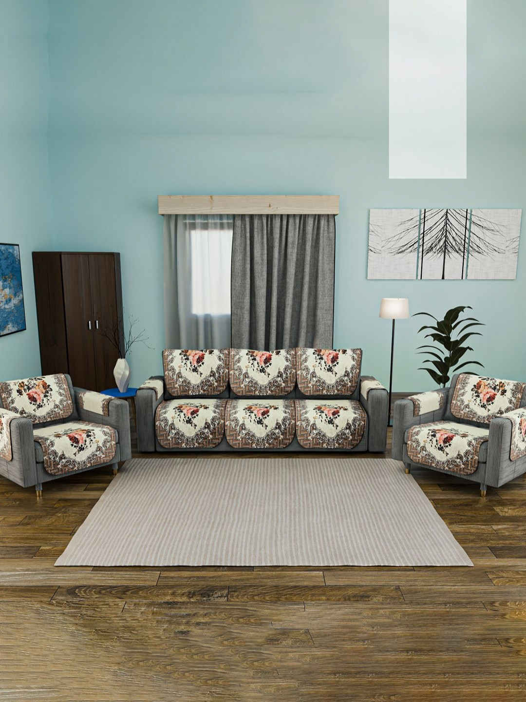 RUBOXA Cream-Coloured & Brown 16 Pieces Printed Velvet 5 Seater Sofa Cover With Arms