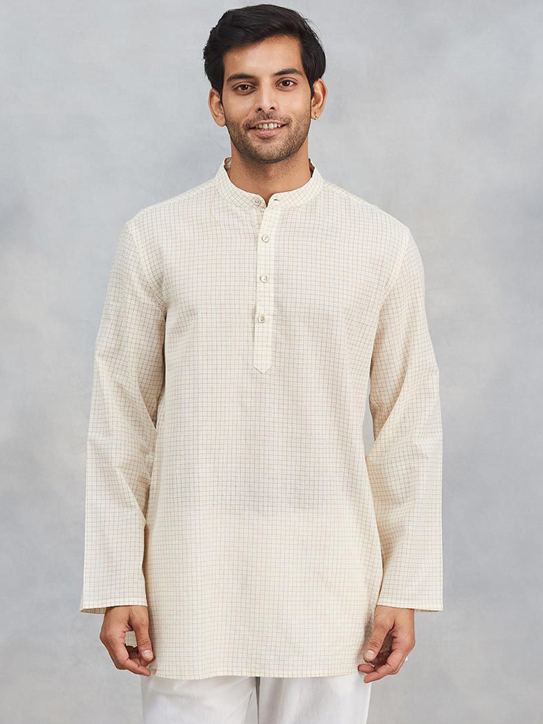 Fabindia Checked Band Collar Natural Cotton Blend Straight Short Kurta
