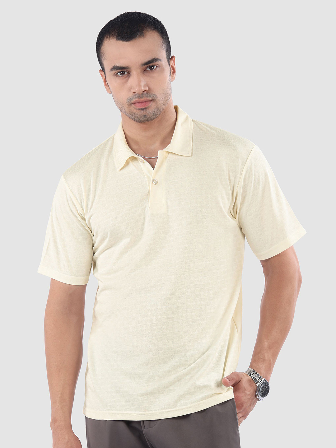 Beyoung Geometric Self Design Polo Collar T-shirt