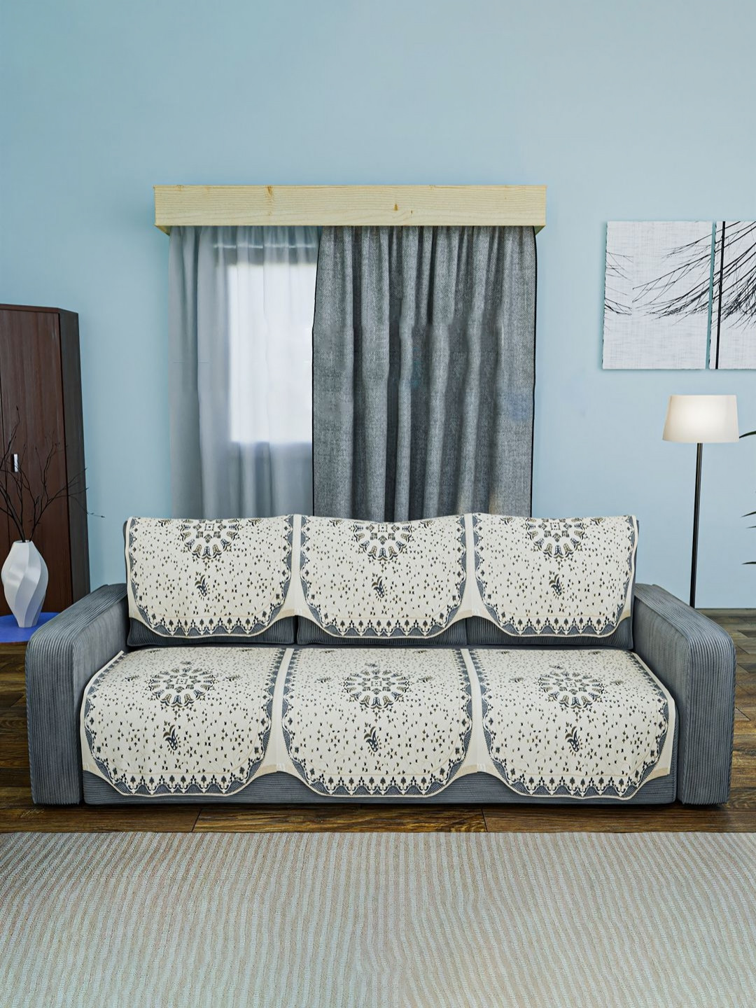 RUBOXA 6 Pieces Grey & White Velvet Printed Premium 3 Seater Sofa Cover Set