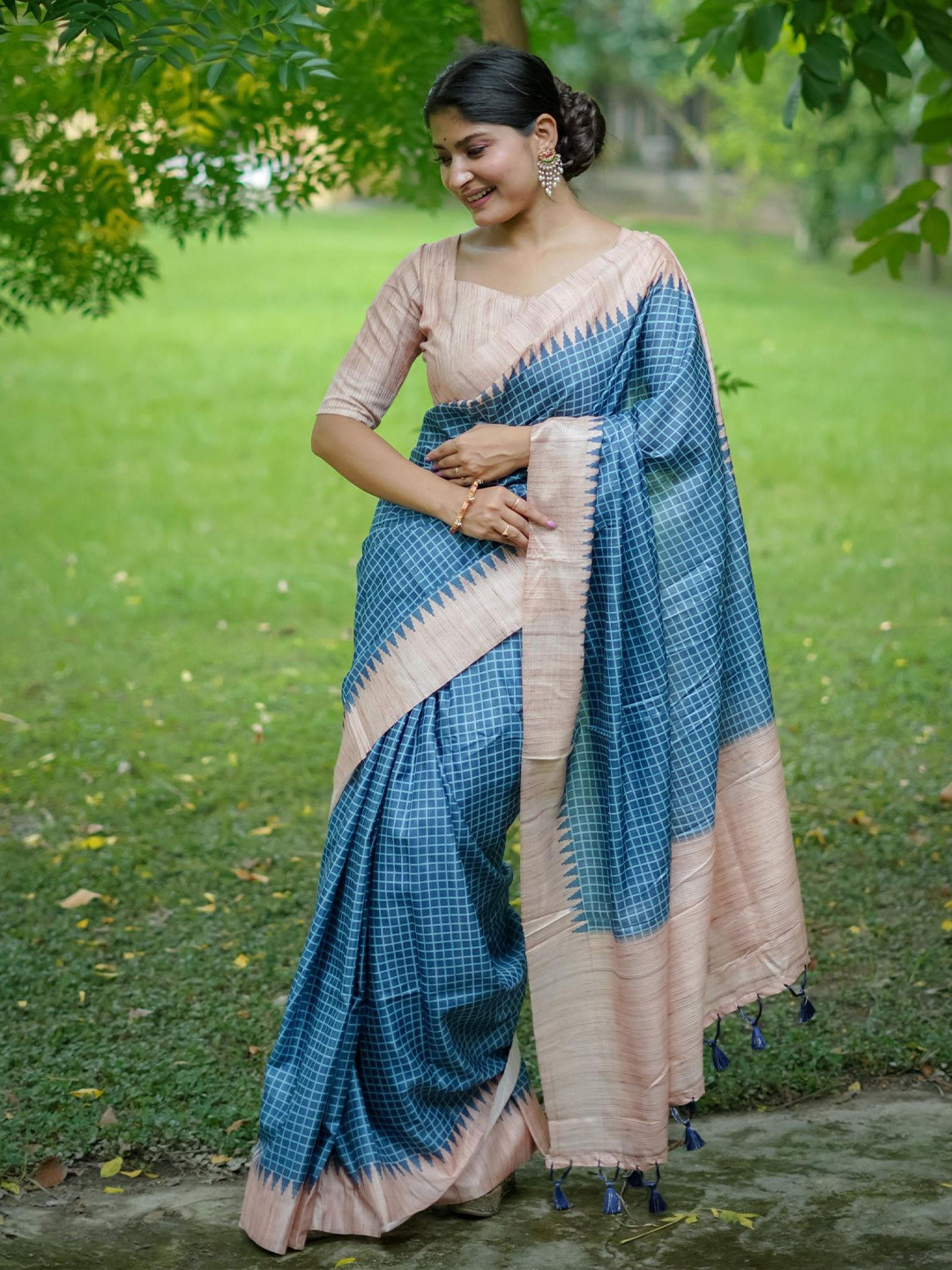 Pandadi Saree Checked Printed Kantha Work Celebrity  Tussar Sarees