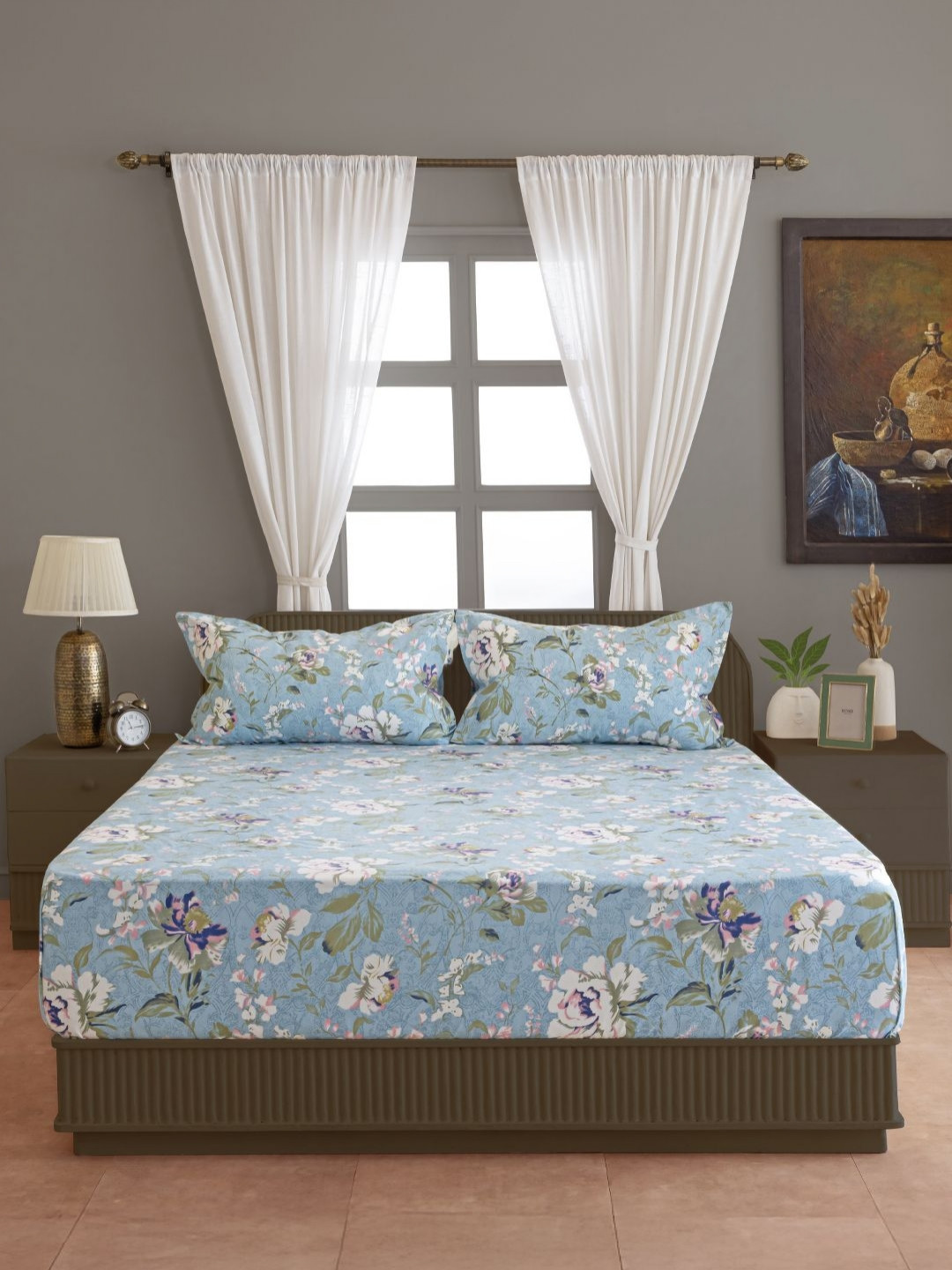 SWAYAM Blue Floral Printed 144 TC King Fitted Bedsheet & 2 Pillow Covers 72 x 78 x 12 inch