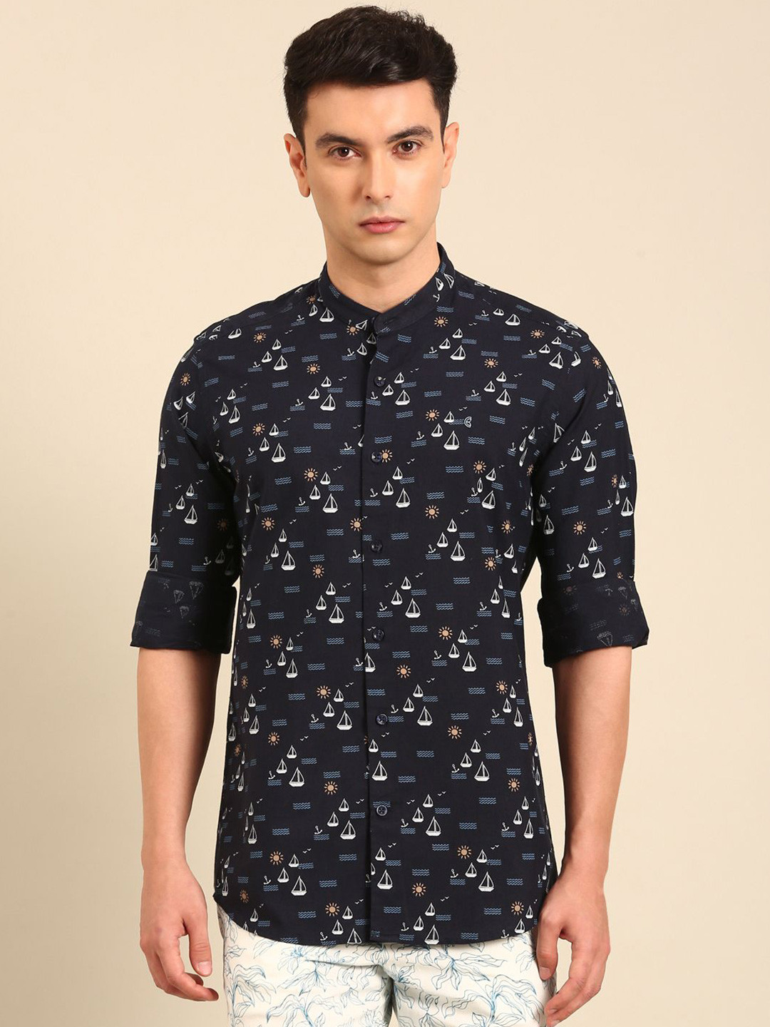 CAVALLO by Linen Club Slim Fit Graphic Printed Long Sleeves Cotton Linen Shirt
