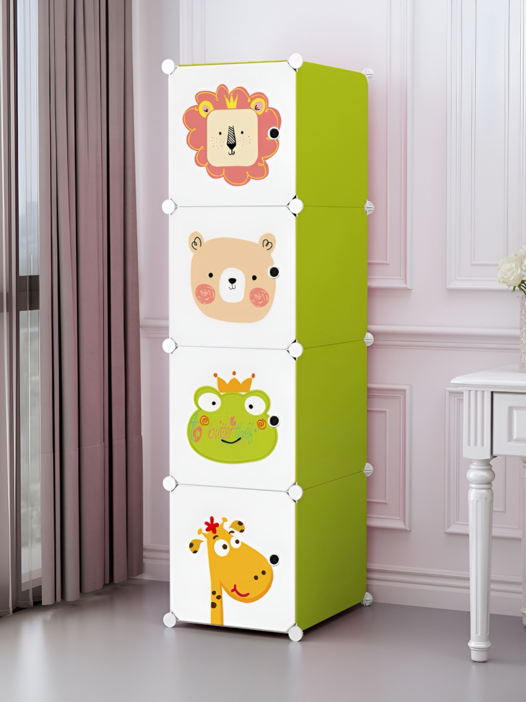 Butterthief Green & White Cartoon Printed 4-Cubes Waterproof Collapsible Wardrobe
