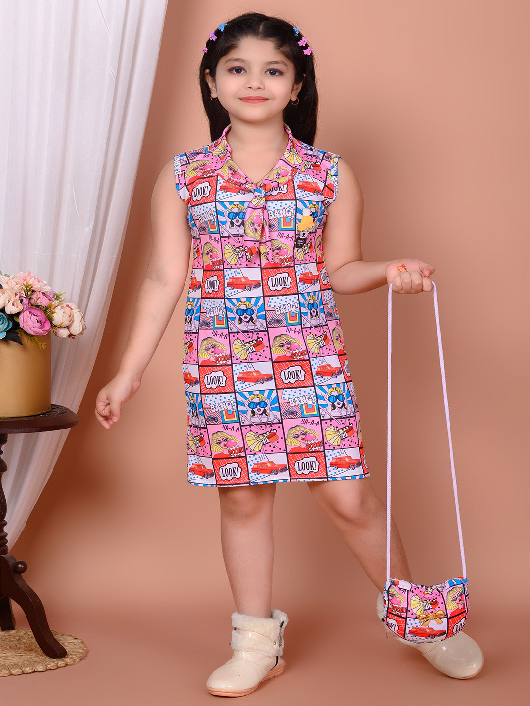 IKONIC FASHION Girls Printed Tie-Up Neck Sheath Dress With Bag