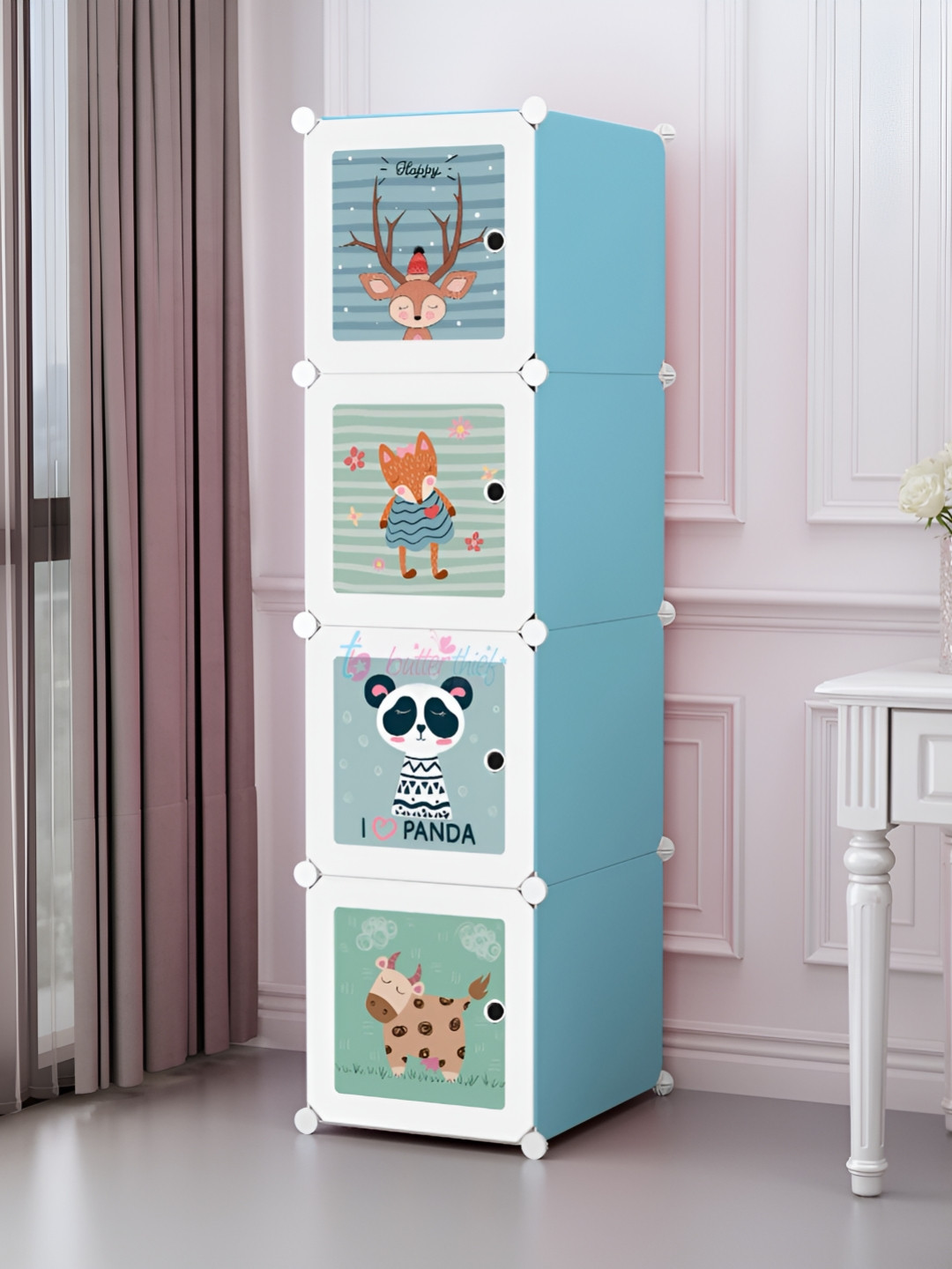 Butterthief Blue & White Cartoon Printed 4-Cubes Waterproof Collapsible Wardrobe