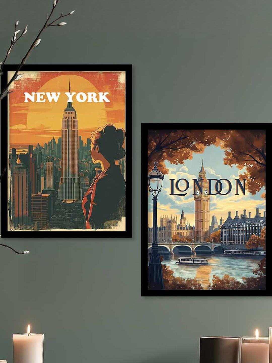 WALLLANE Black Set Of 2 Travel Wall Art Poster With Frame Decor Wall Paintings