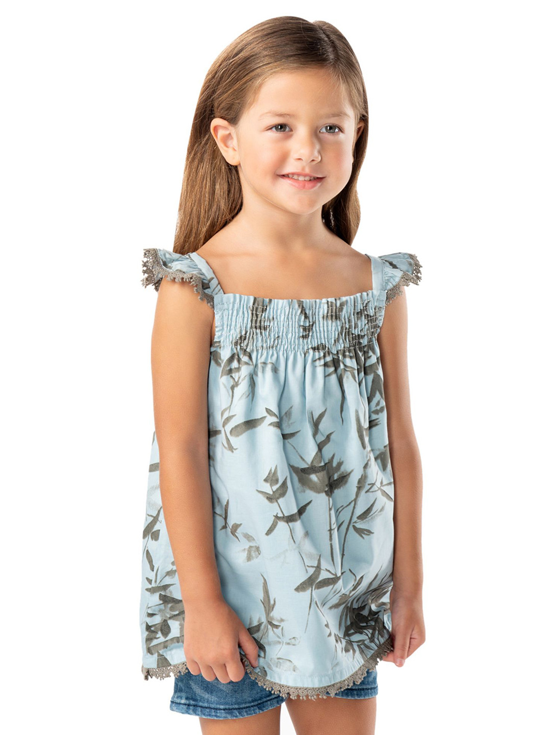 Cherry Crumble Girl's Floral Printed Flutter Sleeves Smocking Cotton Longline A-Line Top