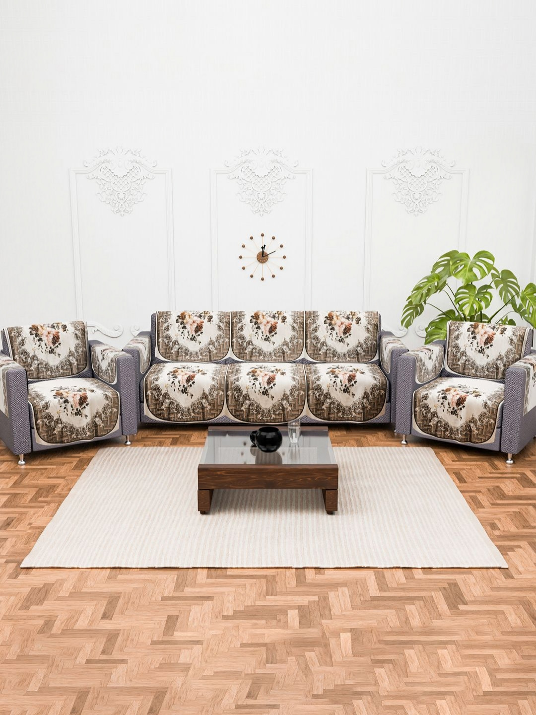 RUBOXA Brown & Cream-Coloured 16 Pieces Printed Velvet 5 Seater Sofa Cover With Arms