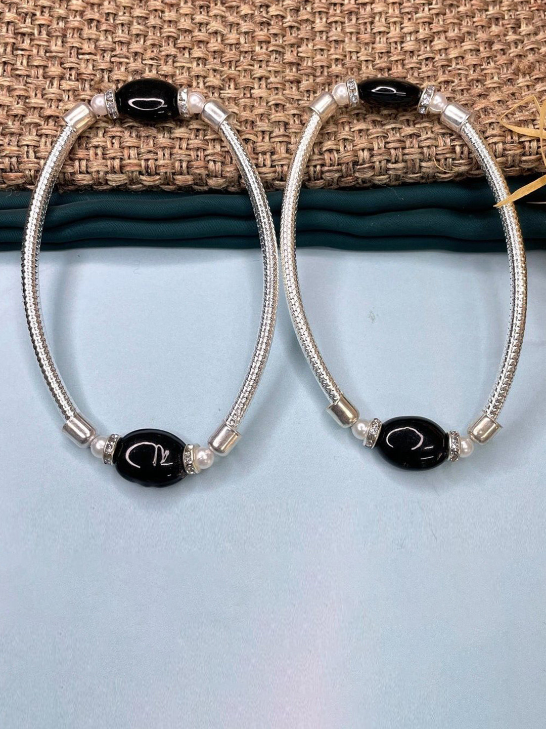 VS Unique Collection Silver-Plated Artificial Stones Beads Anklet - Pack Of 2