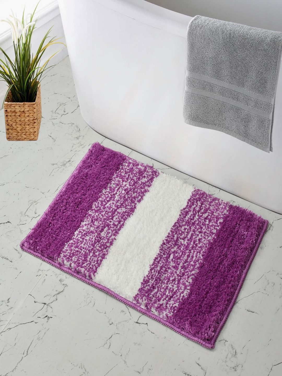 MAA HOME CONCEPT Purple & White Striped Microfibre Bath Rugs