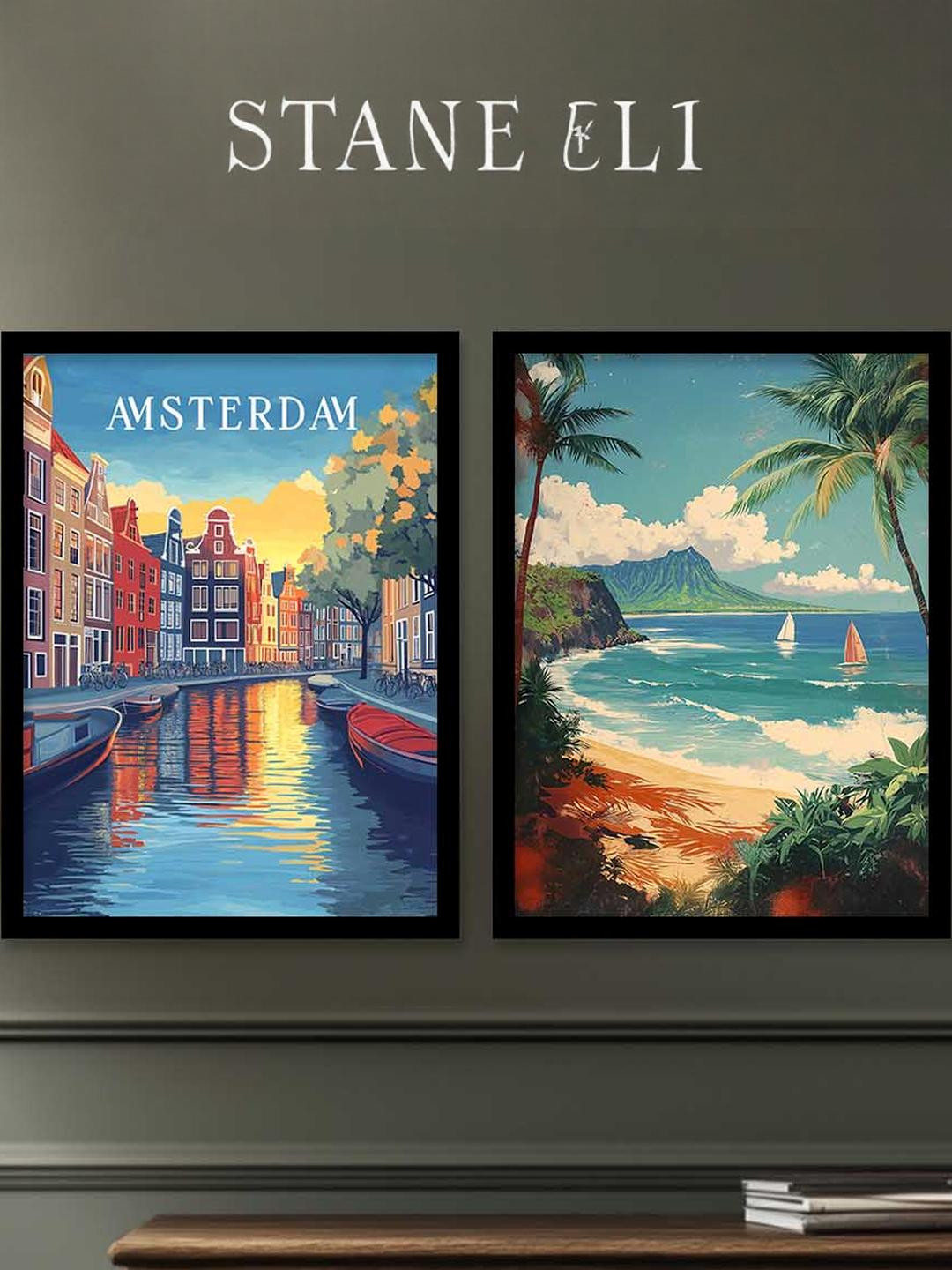 WALLLANE Set of 2 Black Wood Abstract Wall Paintings With Frame