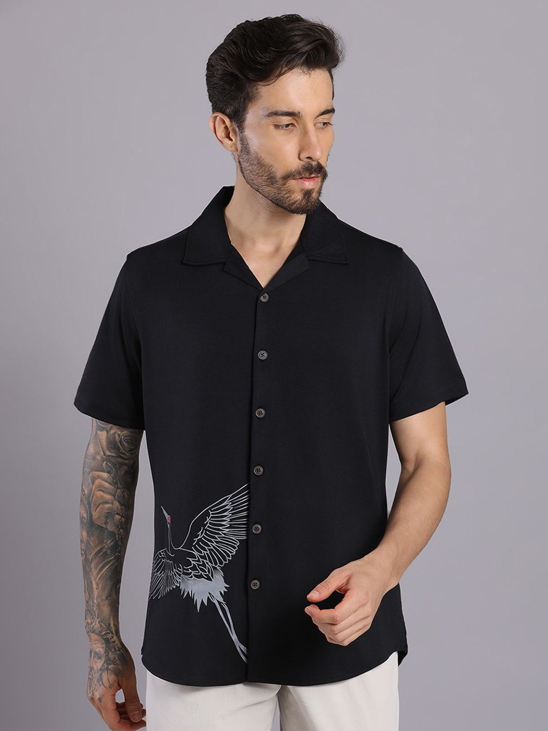HangerLoop Men Graphic Printed Cuban Collar Casual Shirt