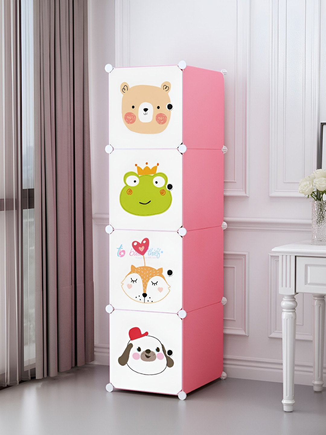 Butterthief Pink & White Cartoon Printed 4-Cubes Waterproof Collapsible Wardrobe