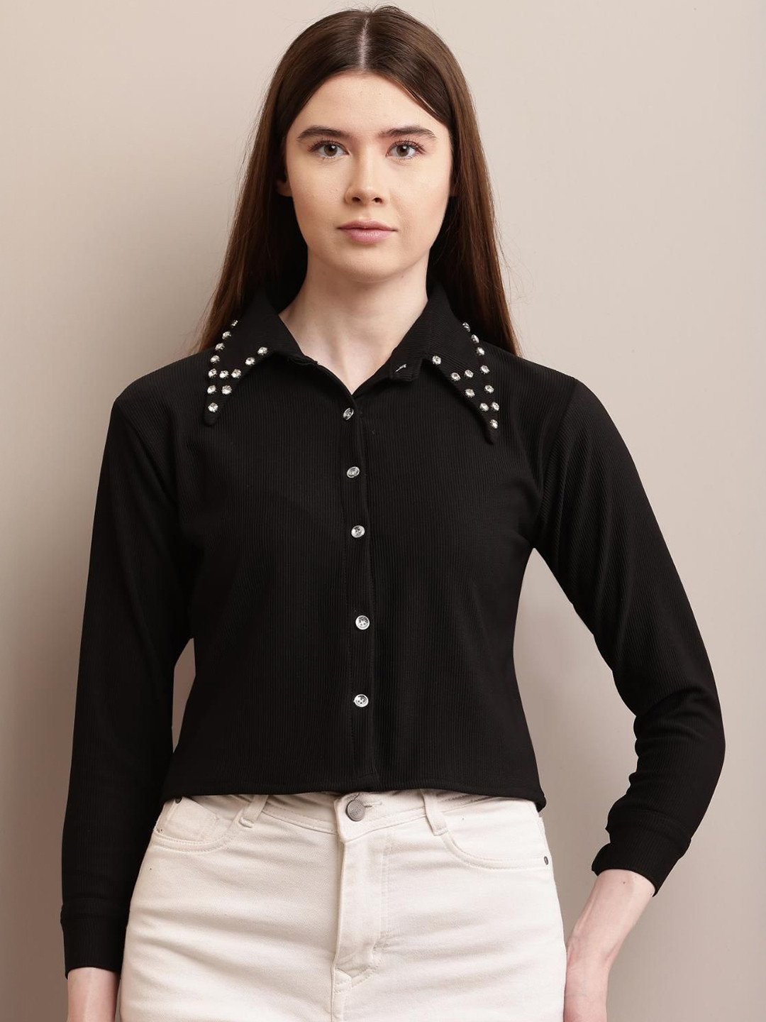 69 FASHION STREET Women New Slim Fit Vertical Striped Jewel Collar Casual Shirt