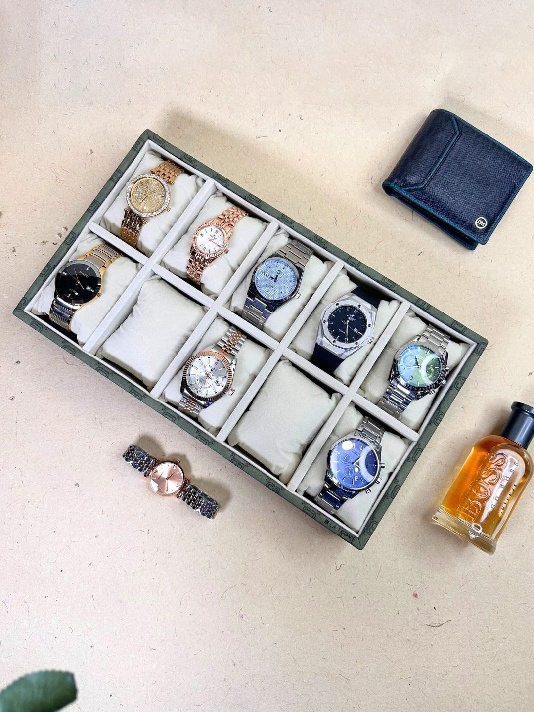 La Trove 12 Slots Olive Green Leather Multi-Utility Tie Organiser Closet Tray