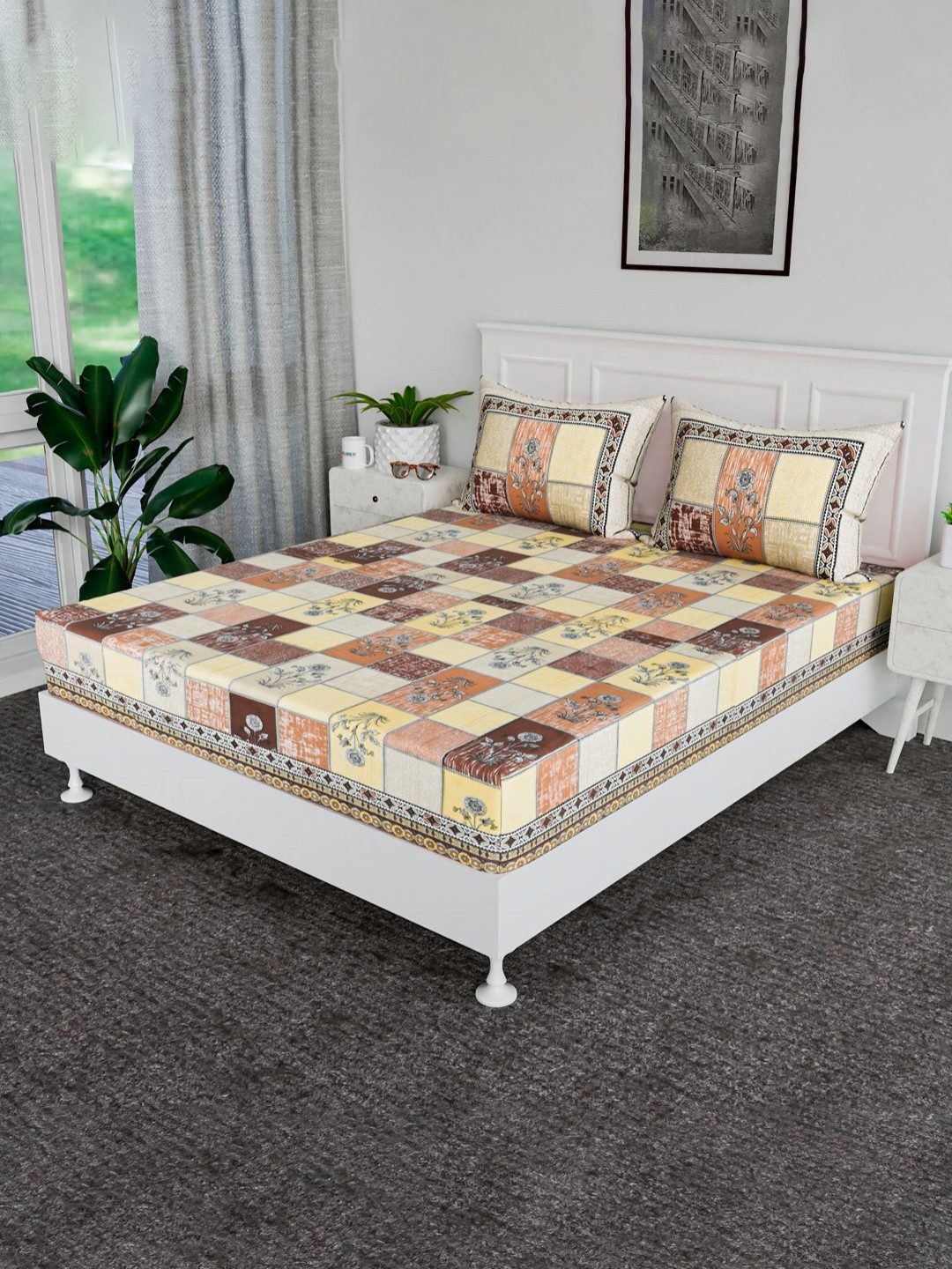 RUBOXA Brown & Cream Floral Printed Cotton 144 TC King Bedsheet Set-2.72 m x 2.55 m