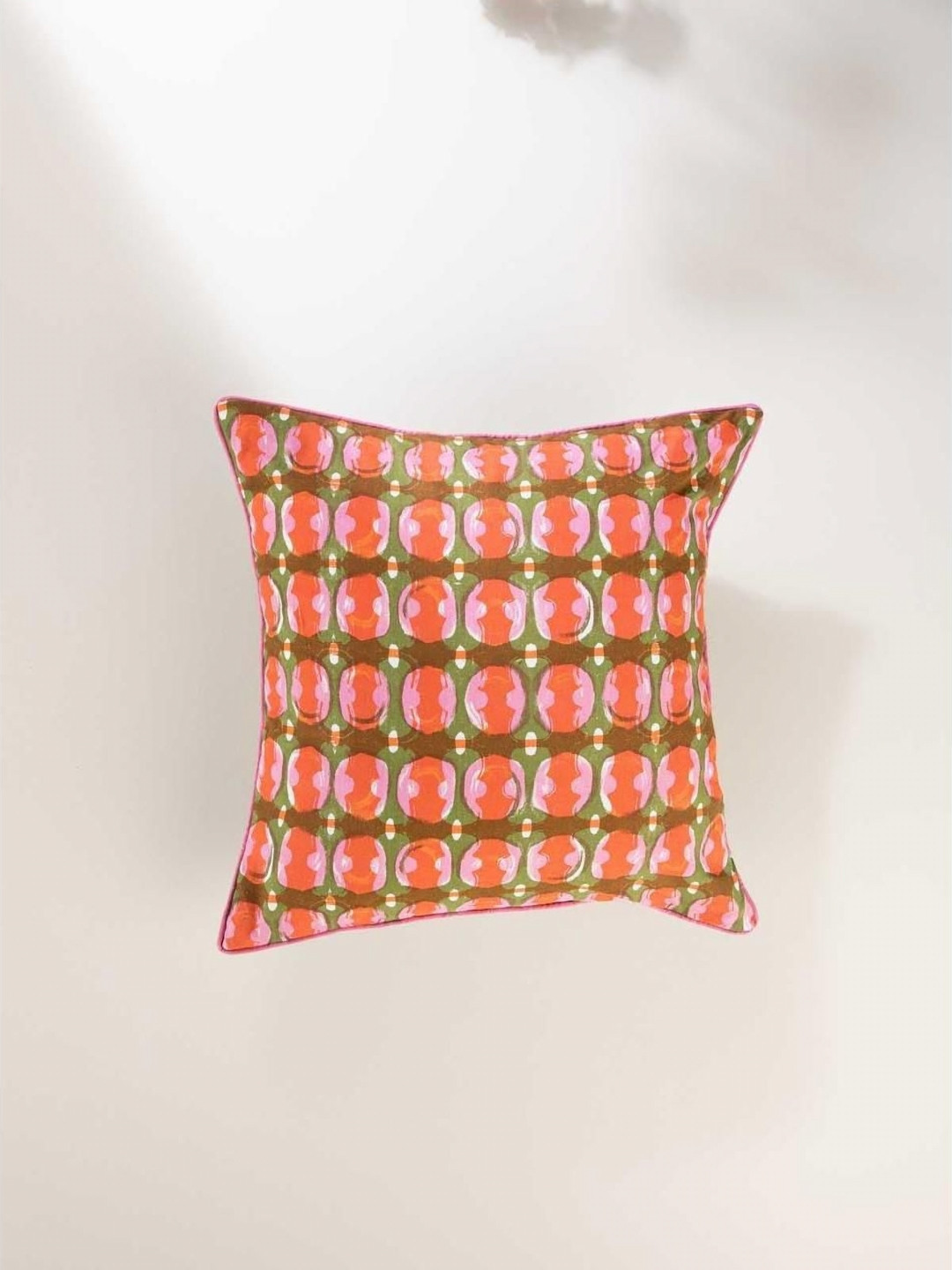 FREEDOM TREE Marica Coral & Green Printed Cotton Square Cushion Cover